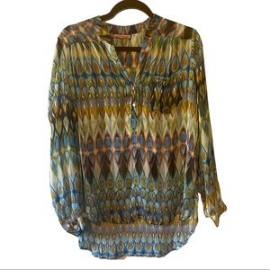Nikki's Threads Blouse Top | Blue Green Peacock Print | Size Medium | Career